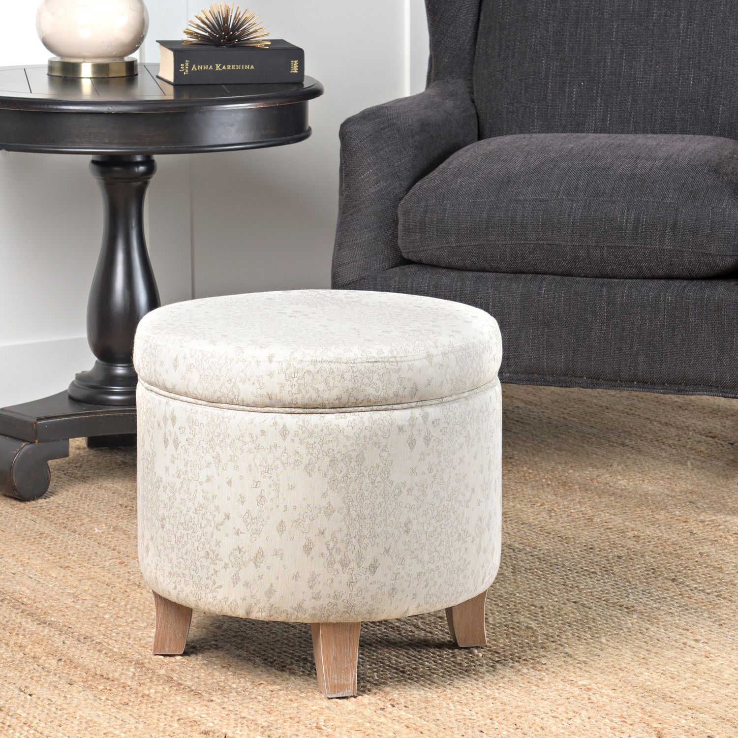 Linen Round Storage Ottoman – Pier1 Intended For White Solid Cylinder Pouf Ottomans (View 9 of 18)