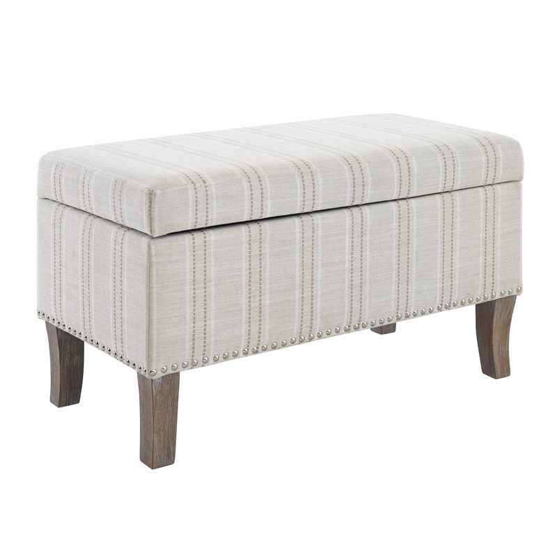 Linon Stephanie Storage Ottoman, 18" Seat Height, Light Gray With Gold Within Gray Stripes Cylinder Pouf Ottomans (View 10 of 20)