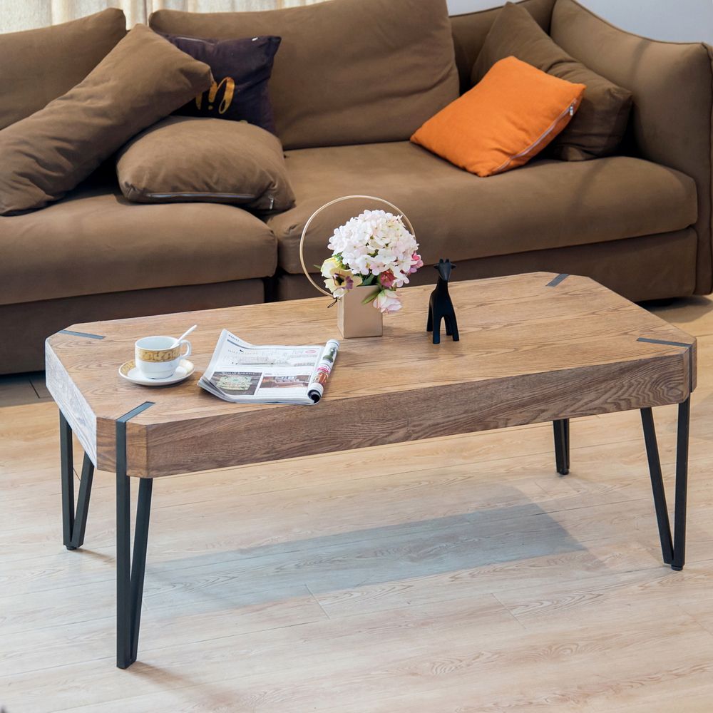 Living Room Coffee Table, Modern Solid Wood Coffee Table With Black In Oak Wood And Metal Legs Console Tables (View 16 of 20)