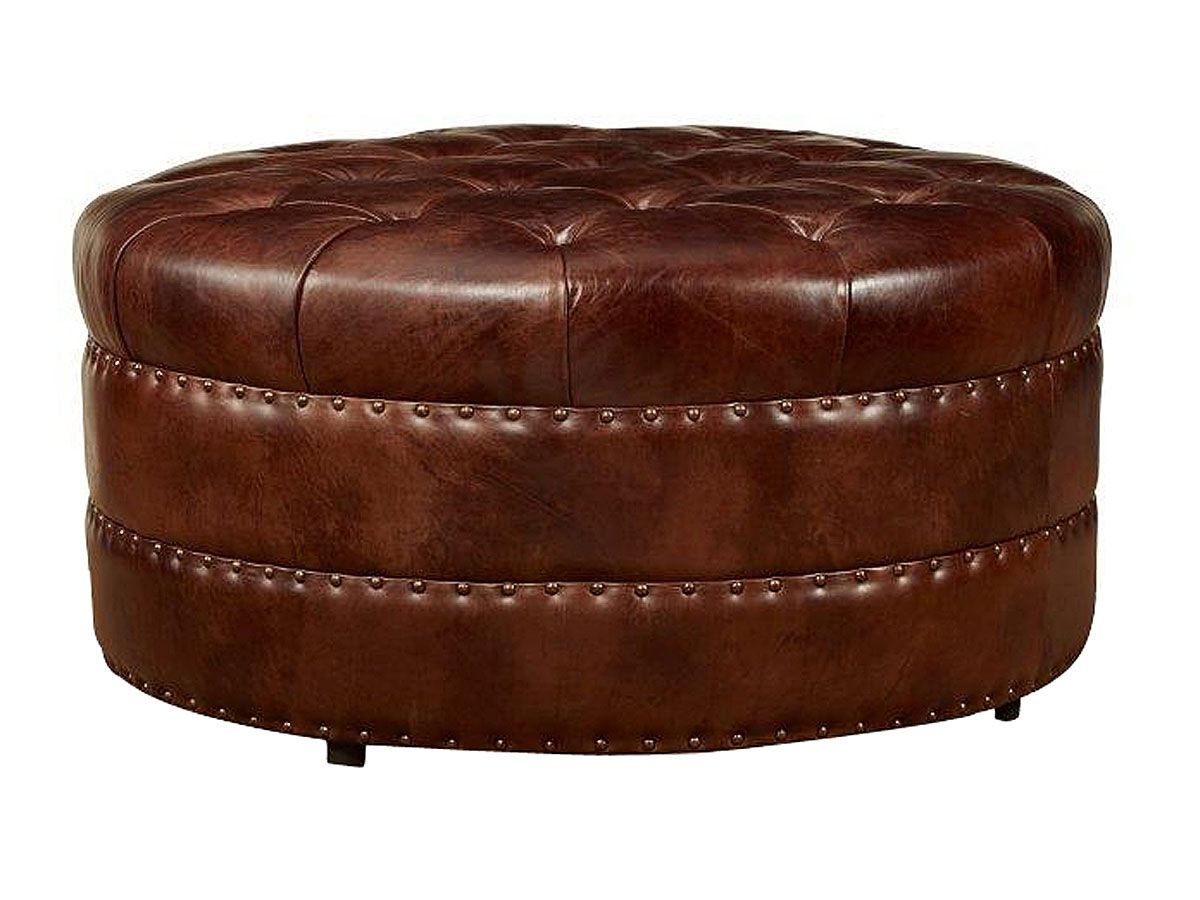 Lockwood "quick Ship" Round Tufted Leather Ottoman – Ottomans & Benches For Weathered Gold Leather Hide Pouf Ottomans (Gallery 20 of 20)