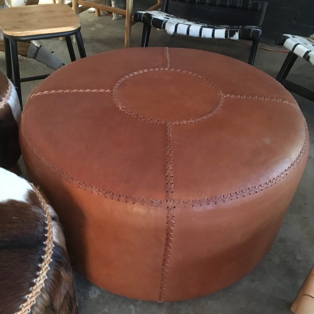 Loft All Leather Round Ottoman – Loft Furniture Pertaining To Weathered Ivory Leather Hide Pouf Ottomans (View 9 of 20)