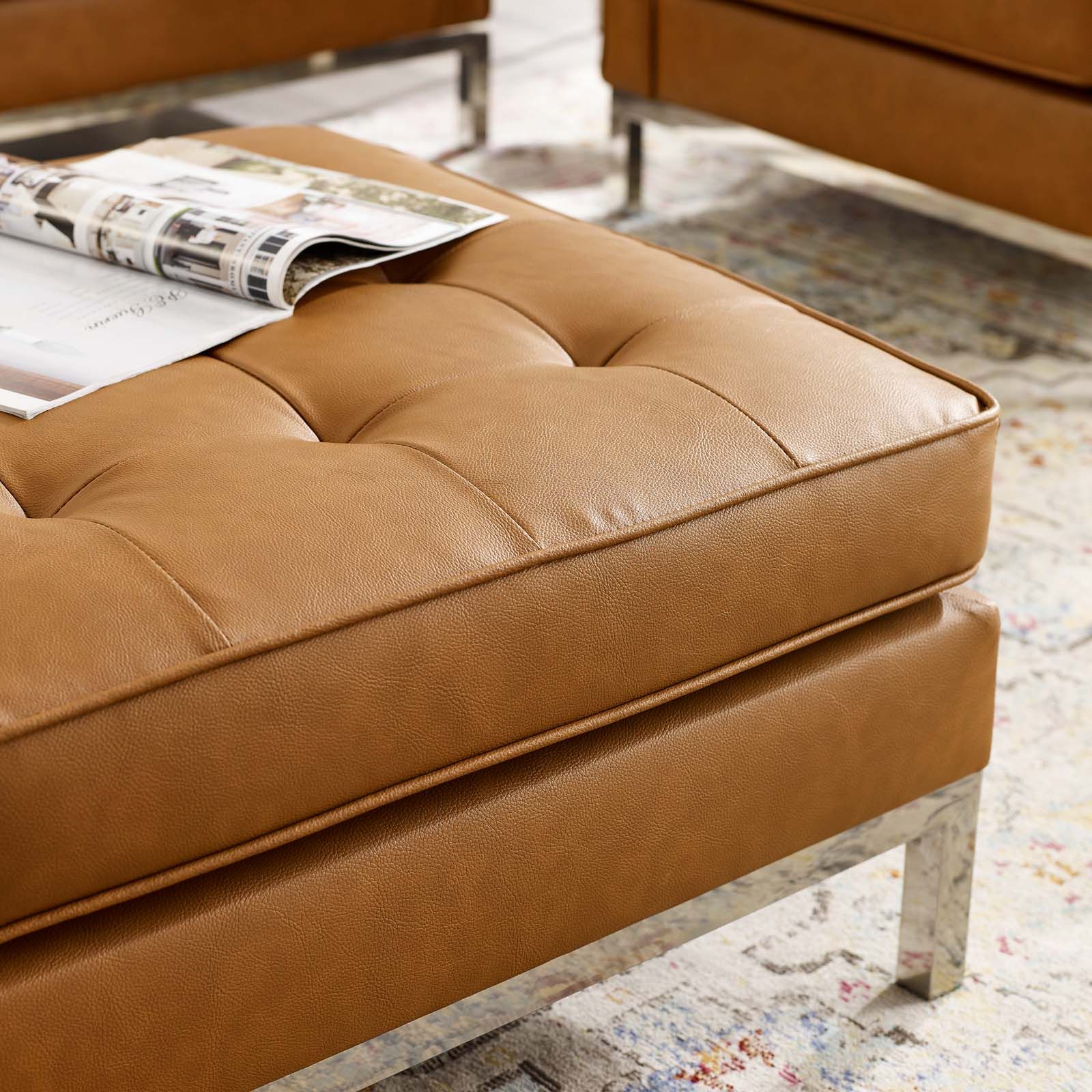 Loft Tufted Upholstered Faux Leather Ottoman With Regard To Leather Pouf Ottomans (View 4 of 20)