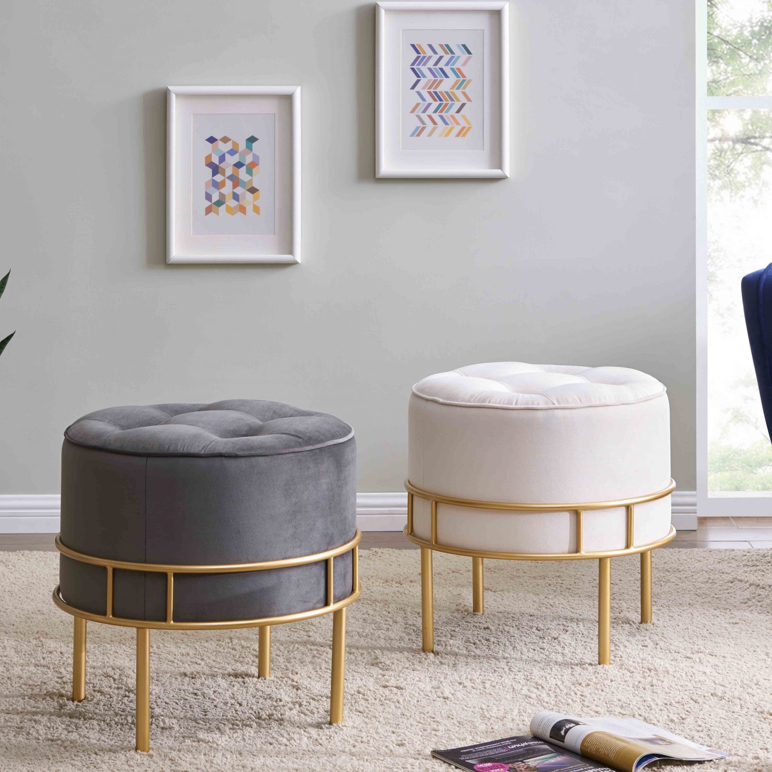 Lorient Velvet Fabric Tufted Round Ottoman, Serene Light Cream/ Gold Or With Regard To Cream Wool Felted Pouf Ottomans (View 6 of 20)
