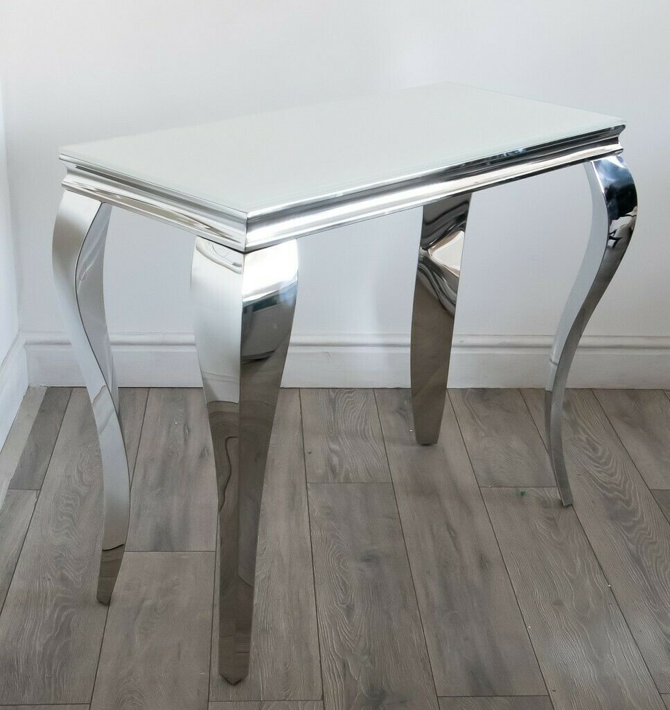 Louis White Glass Chrome Console Table / 100cm – Niches Regarding White Geometric Console Tables (View 16 of 20)
