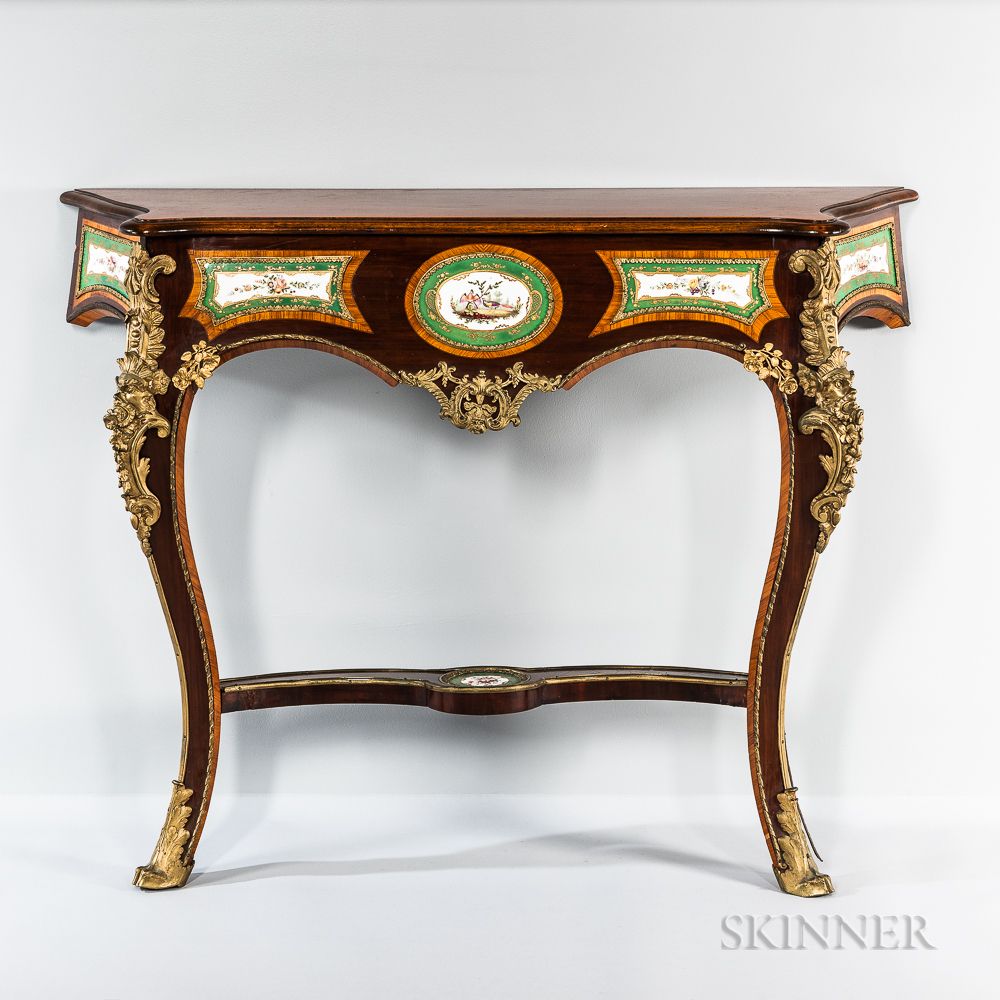Louis Xv Style Mahogany And Satinwood Veneered Ormolu  And Porcelain Pertaining To Light Natural Drum Console Tables (View 7 of 20)