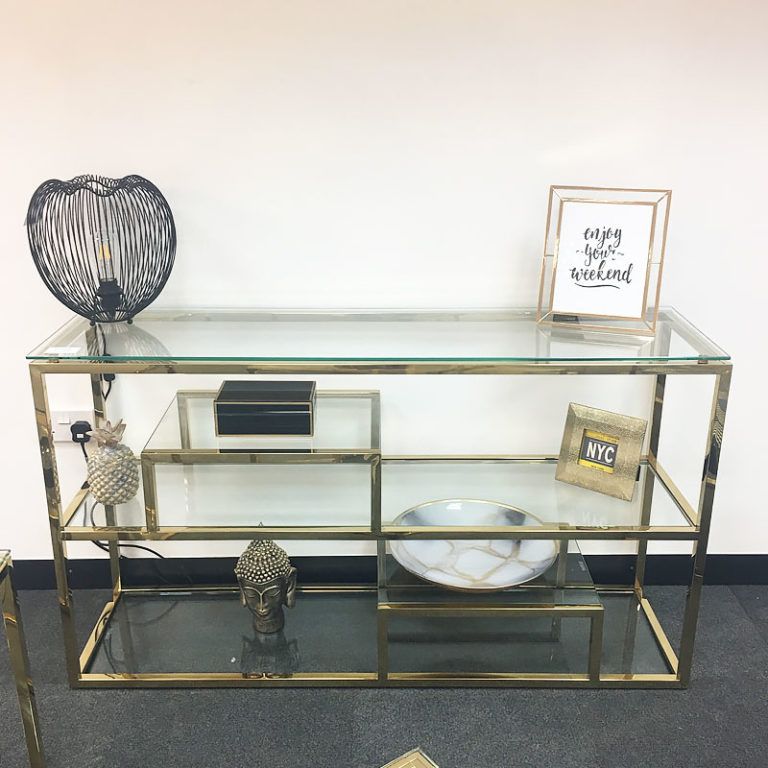 Lucia Gold Glass Multi Shelf Shelving Console Hall Display Table With Glass And Gold Console Tables (View 17 of 20)