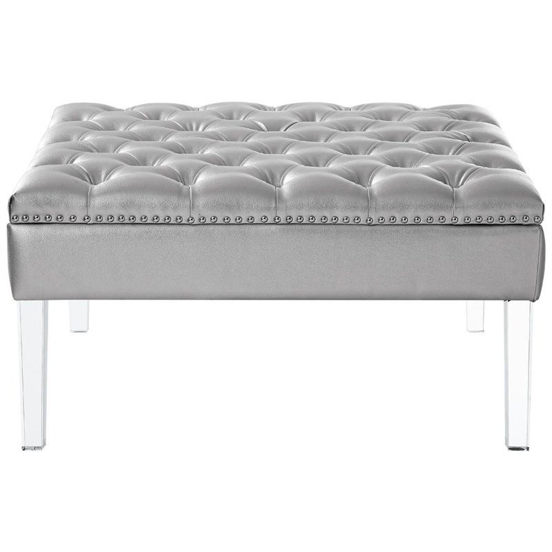 Luke Silver Pu Leather Ottoman – Oversized – Tufted – Acrylic Legs In Weathered Silver Leather Hide Pouf Ottomans (Gallery 20 of 20)