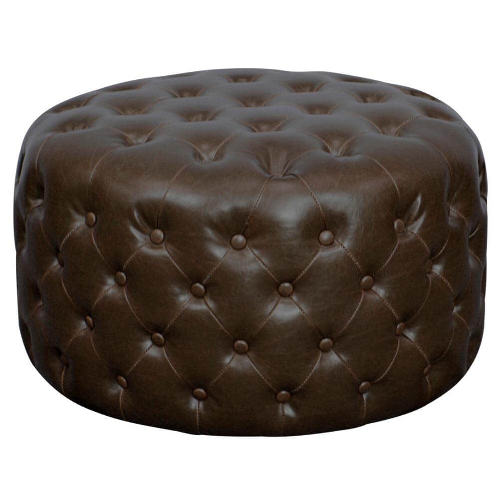 Lulu Round Bonded Leather Tufted Ottoman, Vintage Dark Brownnpd Throughout Brown Leather Round Pouf Ottomans (View 14 of 20)