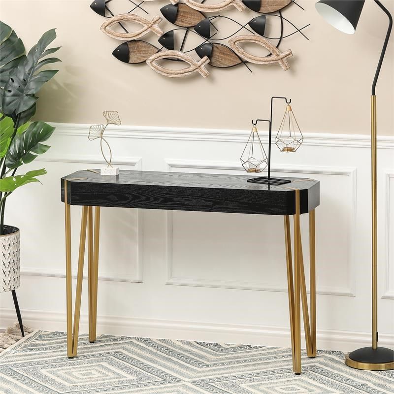 Luxenhome Black Wood And Gold Metal Console Entryway Table – Whif1201 With Walnut Wood And Gold Metal Console Tables (View 3 of 20)