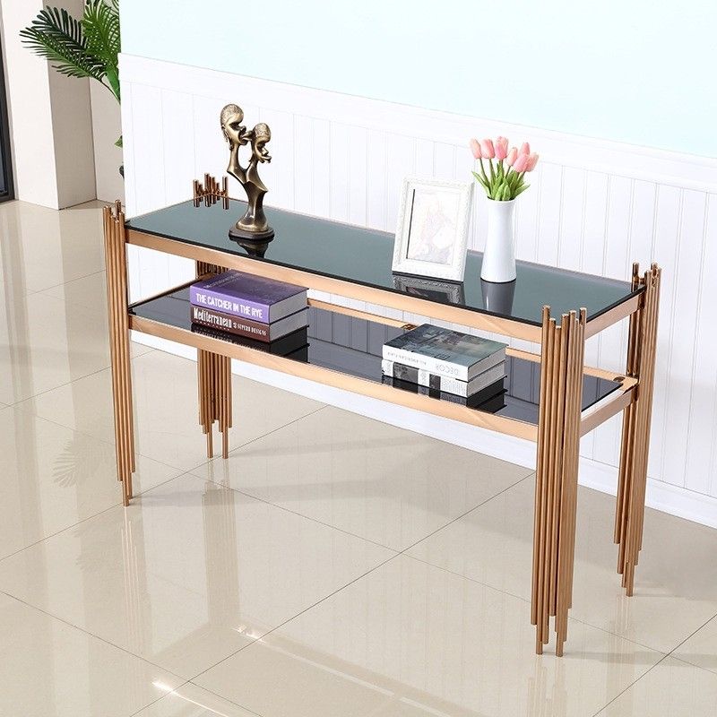 Luxury Modern Rectangular Rose Gold Console Table Black Glass Sofa Within Glass And Stainless Steel Console Tables (View 5 of 20)