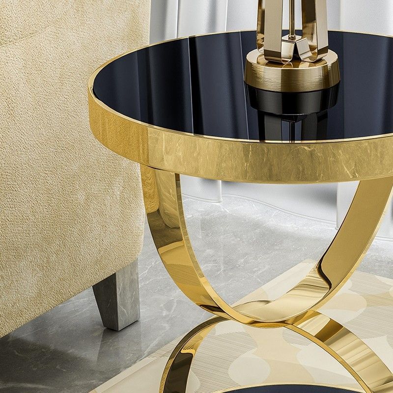 Luxury Modern Stylish 20" Black Glass Side Table Round Gold Metal Side Pertaining To Black Round Glass Top Console Tables (View 7 of 20)