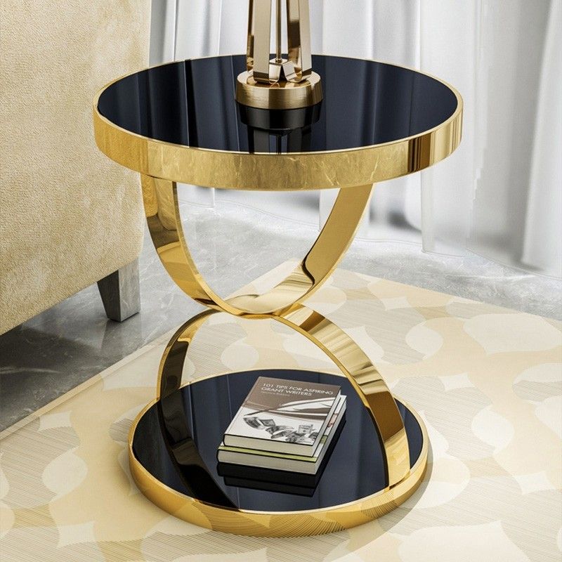 Luxury Modern Stylish 20" Black Glass Side Table Round Gold Metal Side Throughout Black Round Glass Top Console Tables (View 1 of 20)