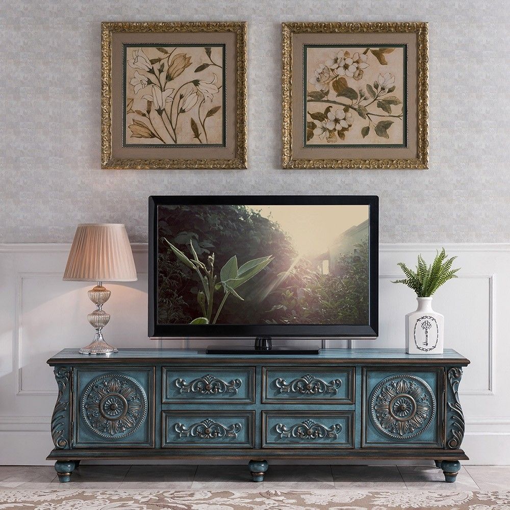Luxury Vintage 59" / 70" Tv Stand Distressed Carved Tv Console With Inside Antique Blue Wood And Gold Console Tables (View 19 of 20)