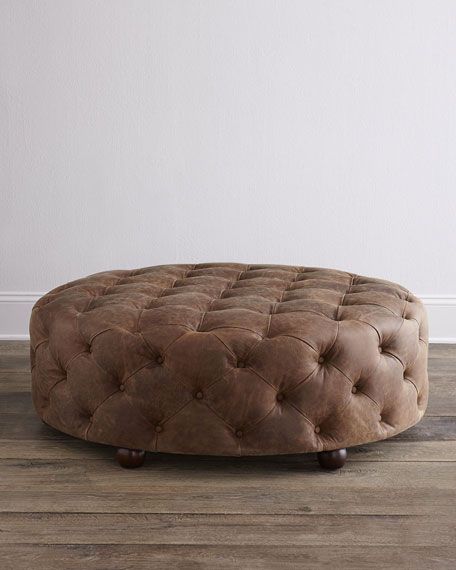 Maddie Round Leather Ottoman | Neiman Marcus Regarding Brown And Ivory Leather Hide Round Ottomans (View 8 of 20)