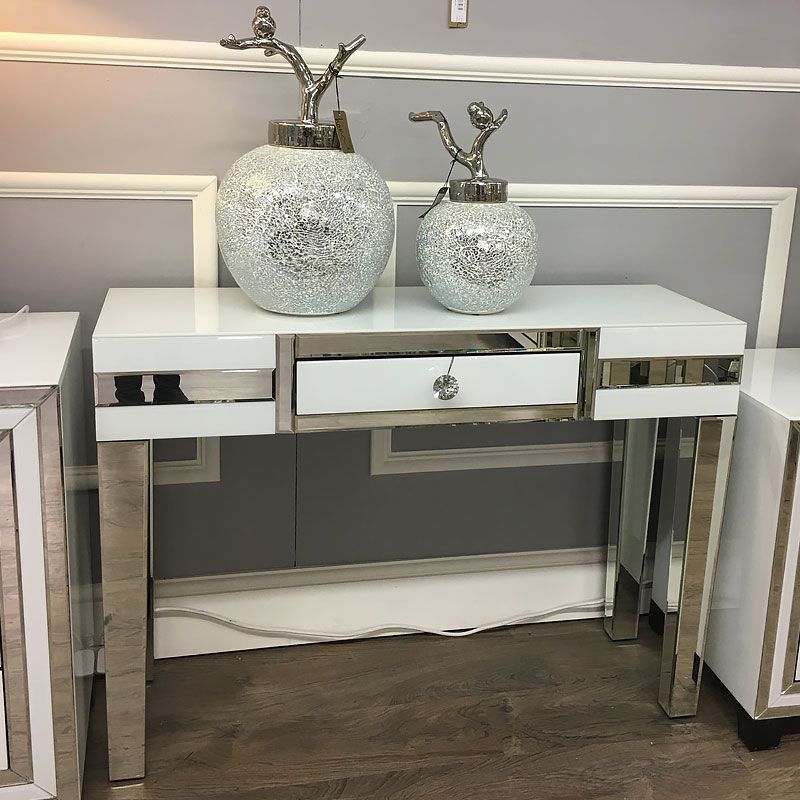 Madison White Glass Mirrored 1 Drawer Console Table | Picture Perfect Throughout Mirrored And Silver Console Tables (View 2 of 20)