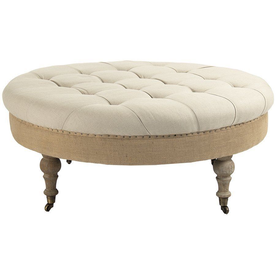 Maison Tufted Round Ottoman W/ Nailheads In 2020 | Round Tufted Ottoman Pertaining To Cream Linen And Fir Wood Round Ottomans (View 7 of 20)