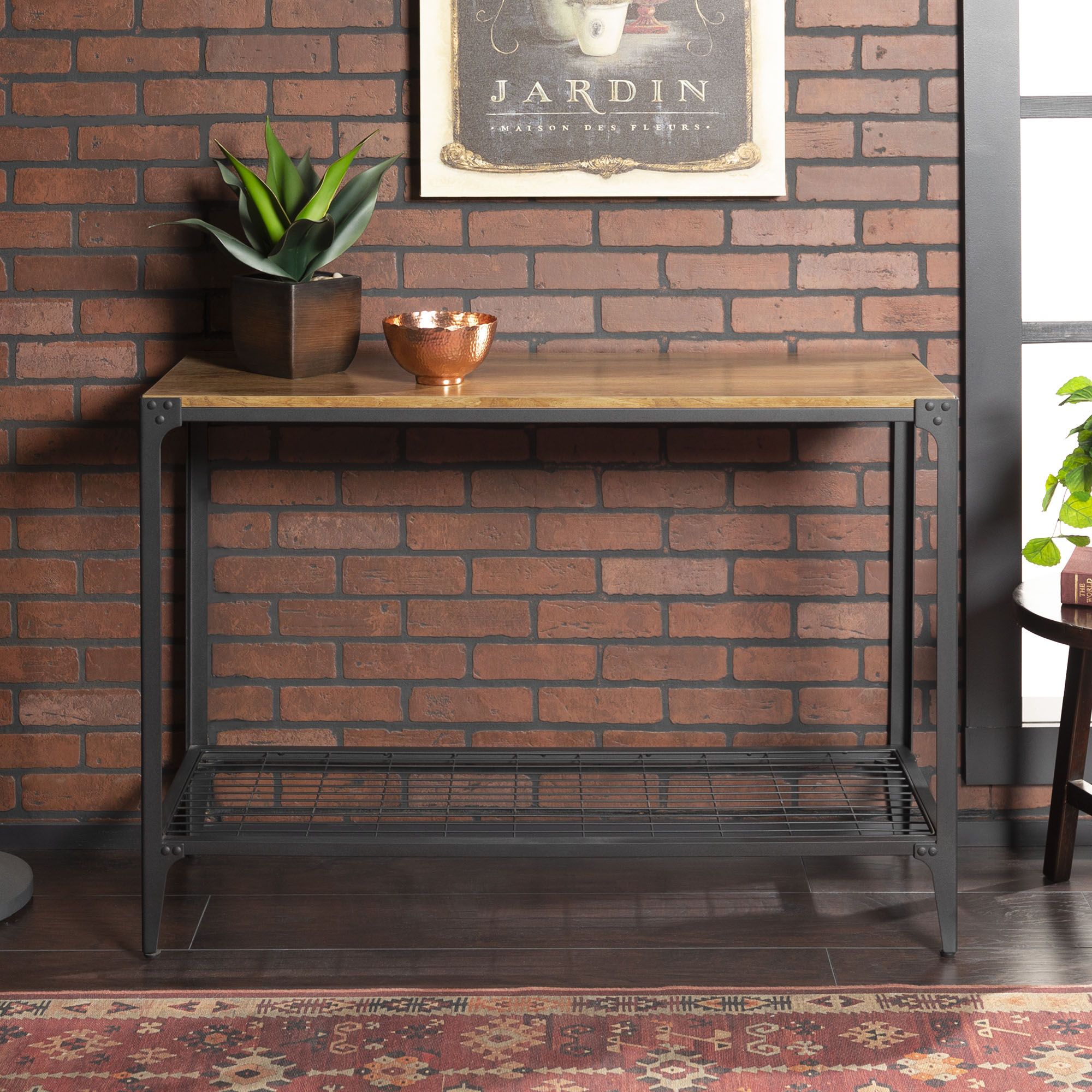 Manor Park Angle Iron Rustic Wood Entry Console Table – Barnwood Throughout Rustic Walnut Wood Console Tables (View 6 of 20)