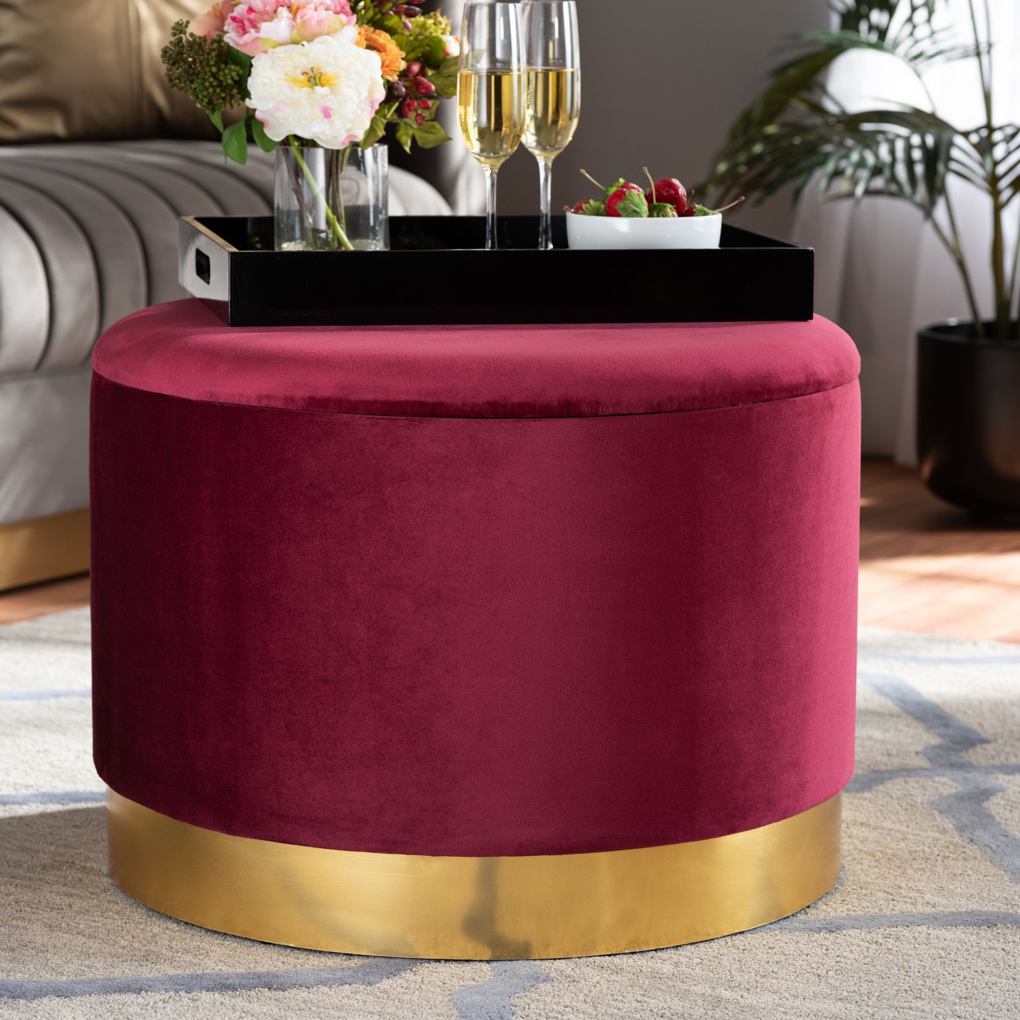 Marisa Glam & Luxe Solid Velvet Fabric Gold Finished 23" Round Storage With Gray Velvet Ribbed Fabric Round Storage Ottomans (View 12 of 20)