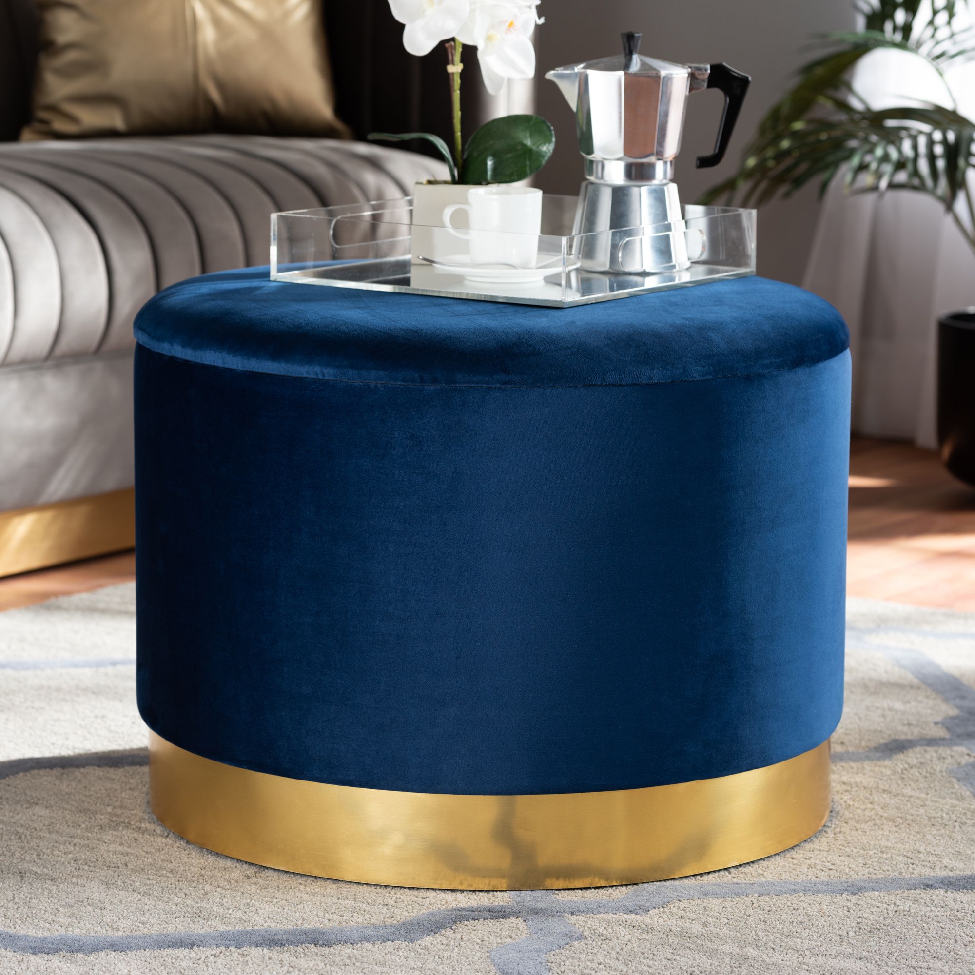 Marisa Glam & Luxe Solid Velvet Fabric Gold Finished 23" Round Storage Within Gray Velvet Ribbed Fabric Round Storage Ottomans (View 14 of 20)
