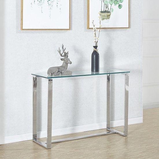 Megan Clear Glass Rectangular Console Table With Chrome Legs | Sale Within Rectangular Glass Top Console Tables (View 17 of 20)