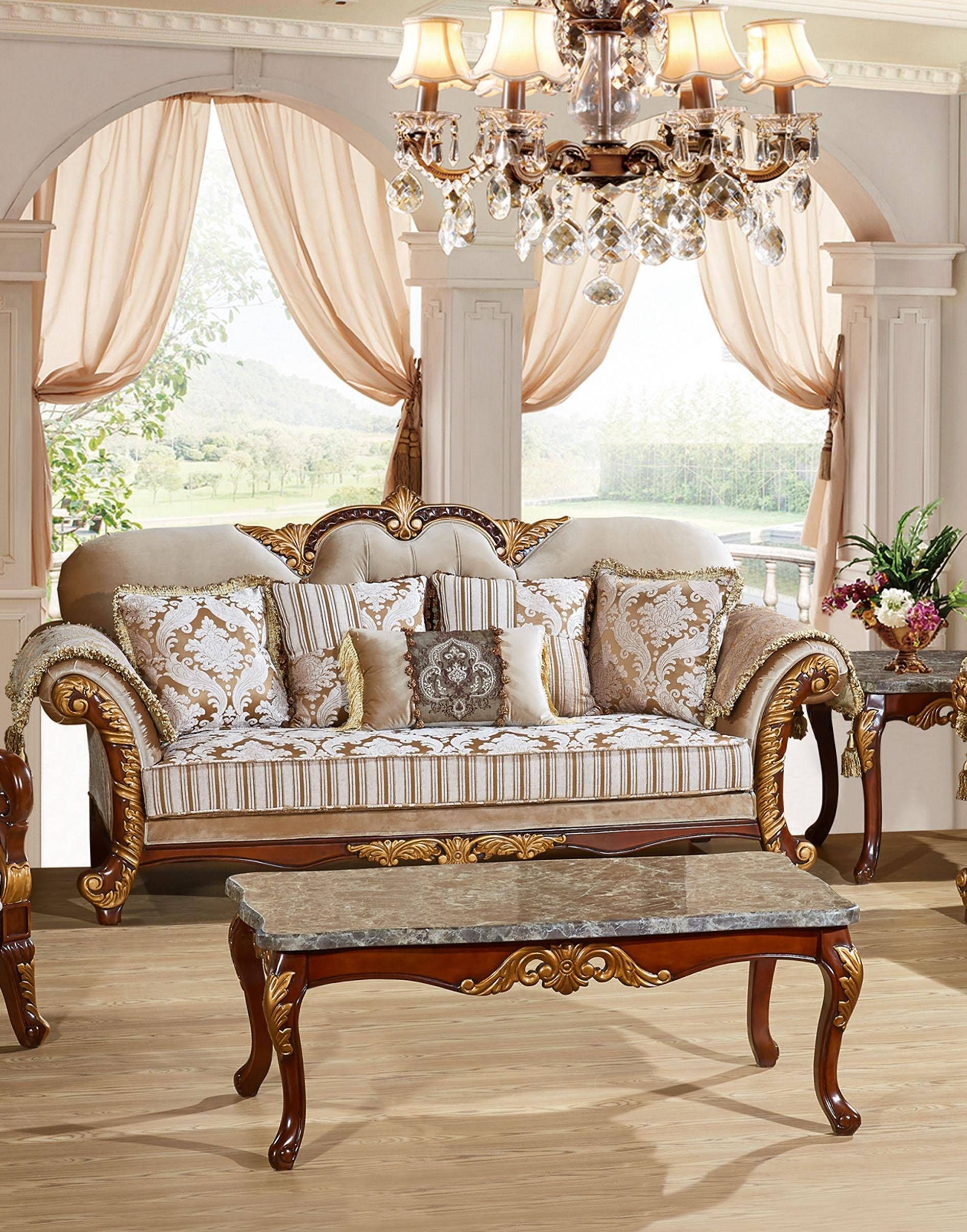 Meridian 651 Camelia Cream W/gold Living Room Sofa Carved Wood With Regard To Cream And Gold Console Tables (View 4 of 20)