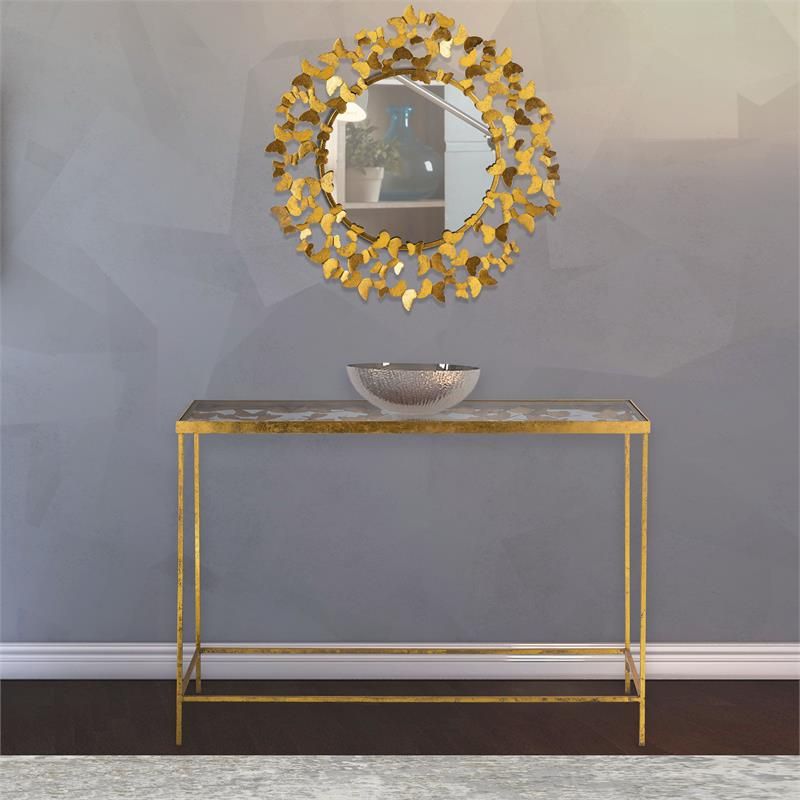 Meridian Furniture Butterfly Gold Foil Glass Top Console Table – 470 T Throughout Glass And Gold Console Tables (View 9 of 20)