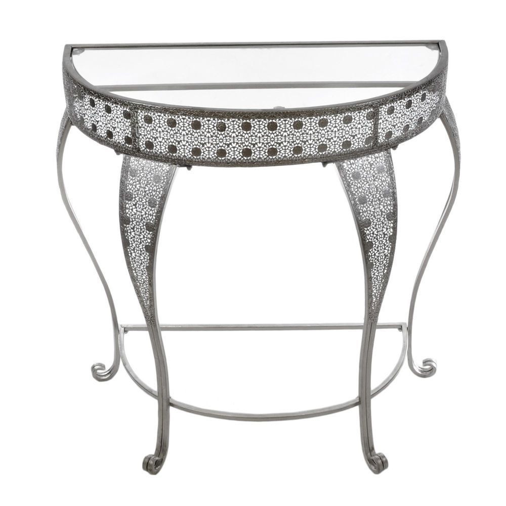 Metal Console Table Glass Silver Steel Hall Hallway Furniture Half Moon Intended For Metallic Silver Console Tables (View 5 of 20)