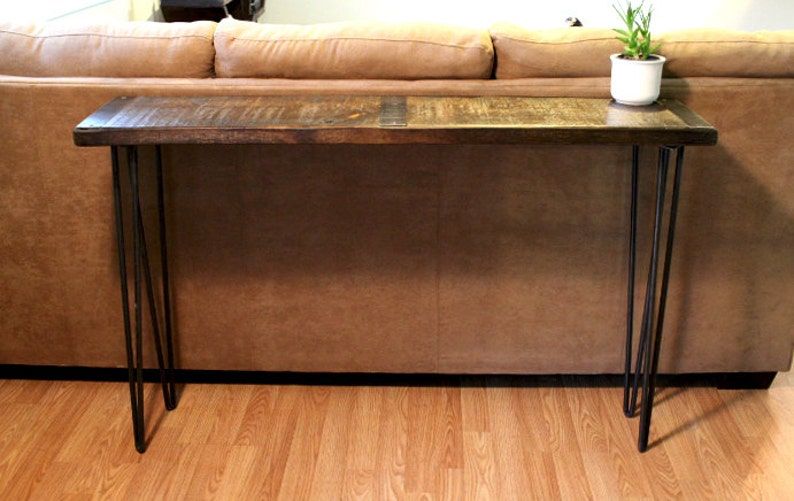 Metal Inlayed Reclaimed Wood Sofa Table With Hairpin Legs | Etsy For Smoked Barnwood Console Tables (View 11 of 20)