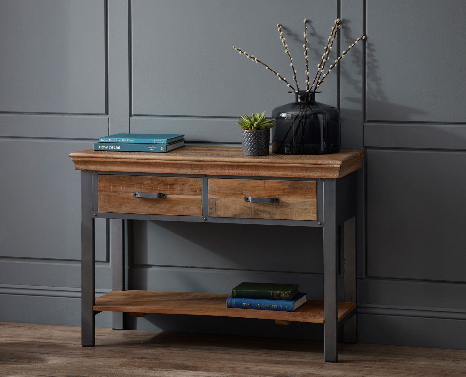 Metropolis Industrial 2 Drawer Console Table | Bargain Oak Intended For Metal And Oak Console Tables (View 1 of 20)