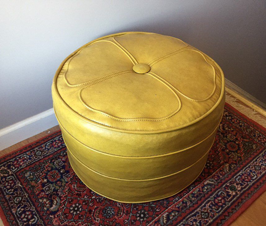 Mid Century Large Round Hassock Ottoman | Etsy | Mid Century, Ottoman Throughout Beige And White Tall Cylinder Pouf Ottomans (View 8 of 20)