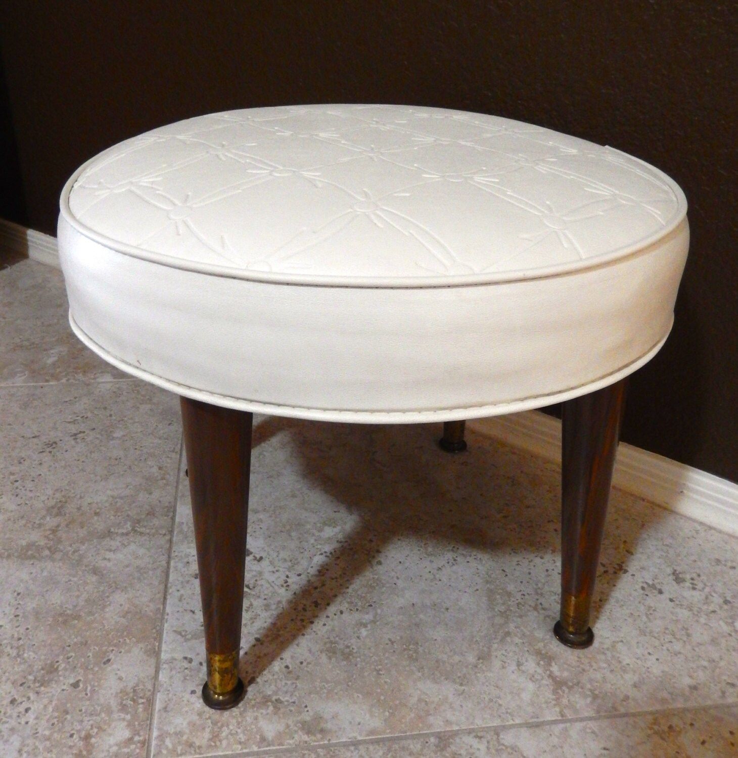 Mid Century Modern Round White Patterned Vinyl Ottoman Foot Stool Pertaining To Modern Gibson White Small Round Ottomans (View 1 of 20)