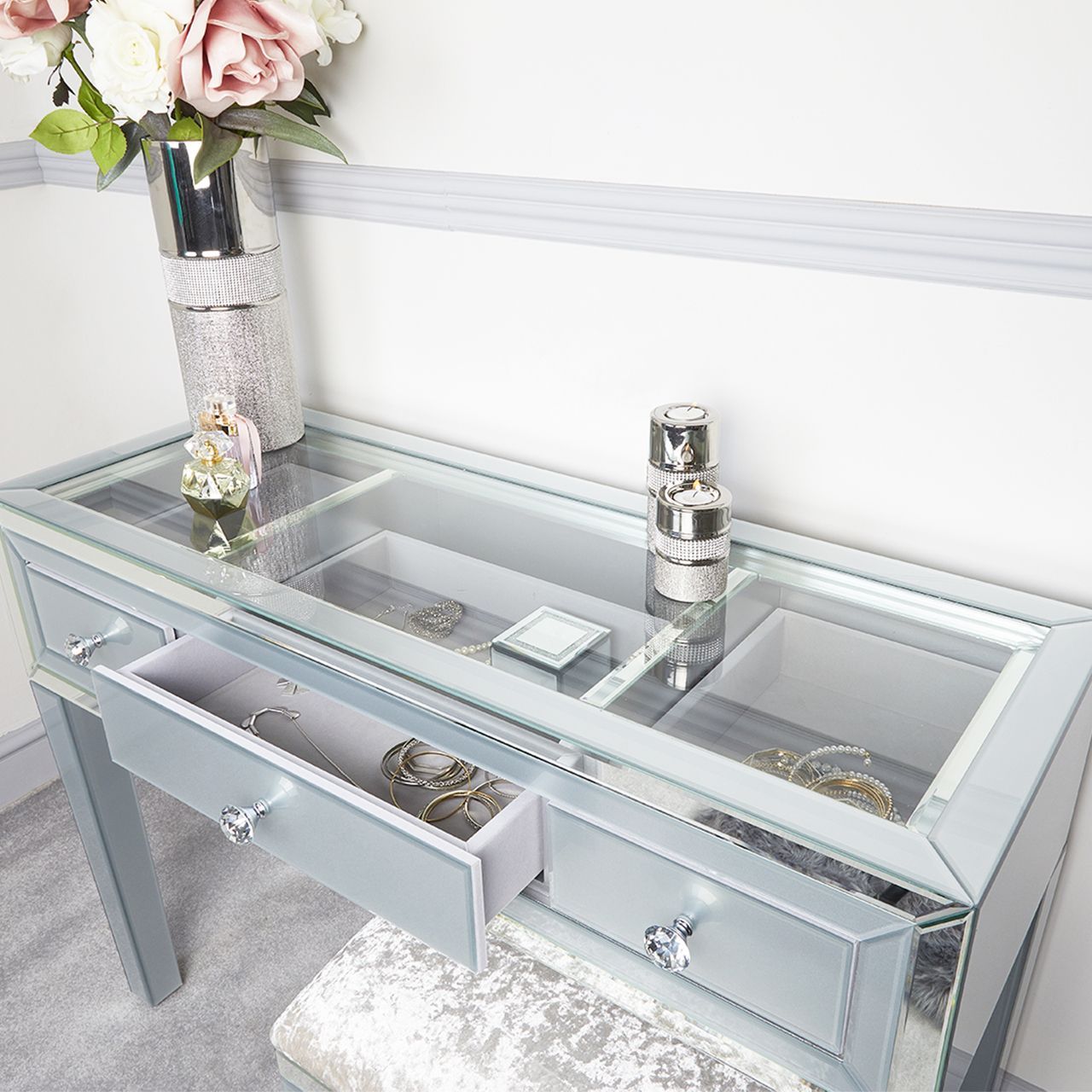 Mitcham 3 Drawer Display Console Table Grey Clear Throughout Clear Console Tables (View 19 of 20)