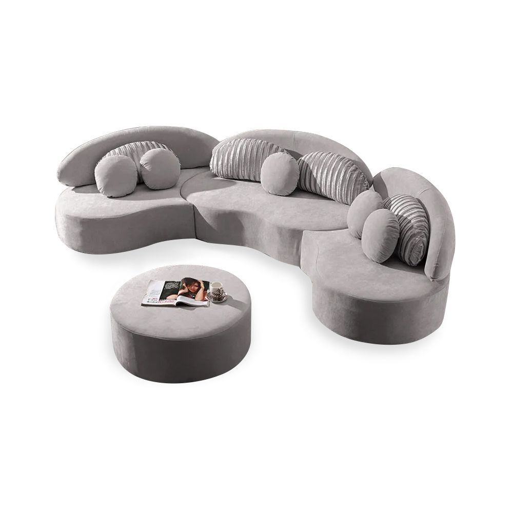 Modern 7 Seat Sofa Round Sectional Light Gray Velvet Upholstered With With Regard To Gray Velvet Brushed Geometric Pattern Ottomans (View 14 of 20)