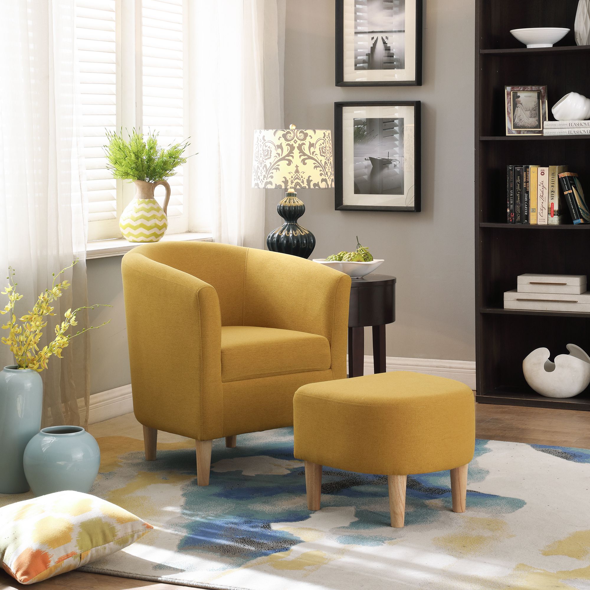 Modern Accent Arm Chair Upholstered Chair Fabric Single Sofa + Ottoman Within Blue Fabric Lounge Chair And Ottomans Set (View 8 of 20)