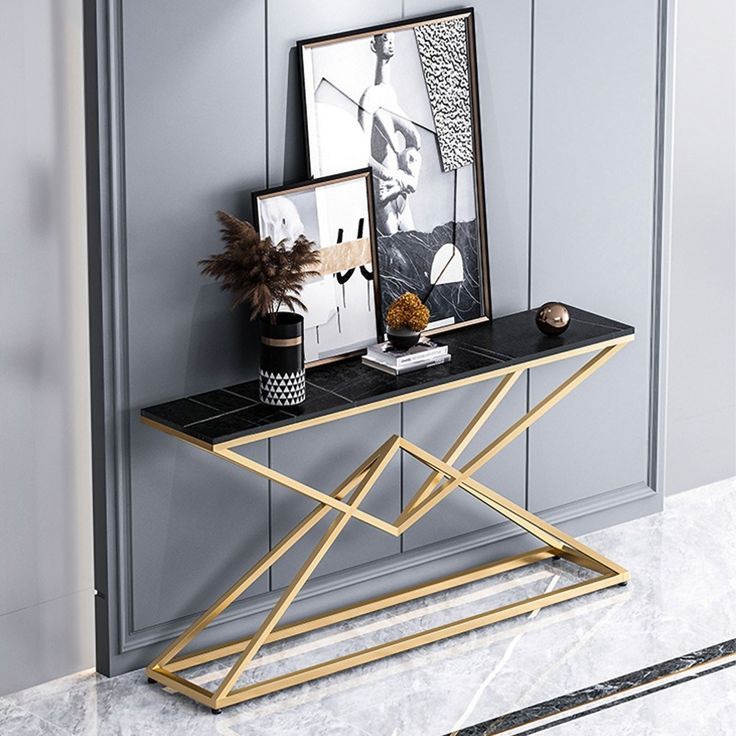 Modern Black Luxury Stone Narrow Console Table Rectangle Gold Finish In Throughout Walnut And Gold Rectangular Console Tables (View 17 of 20)