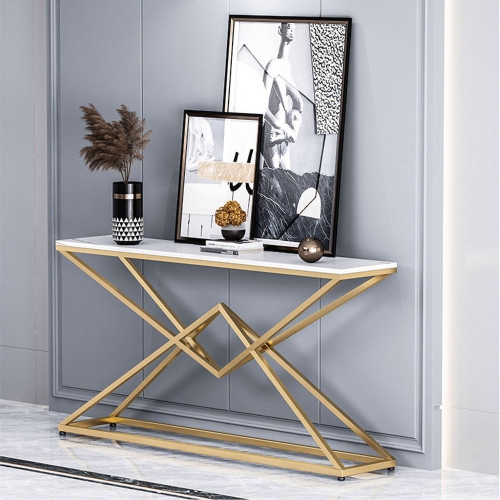 Modern Black Luxury Stone Narrow Console Table Rectangle Gold Finish Intended For Black And Gold Console Tables (View 7 of 20)