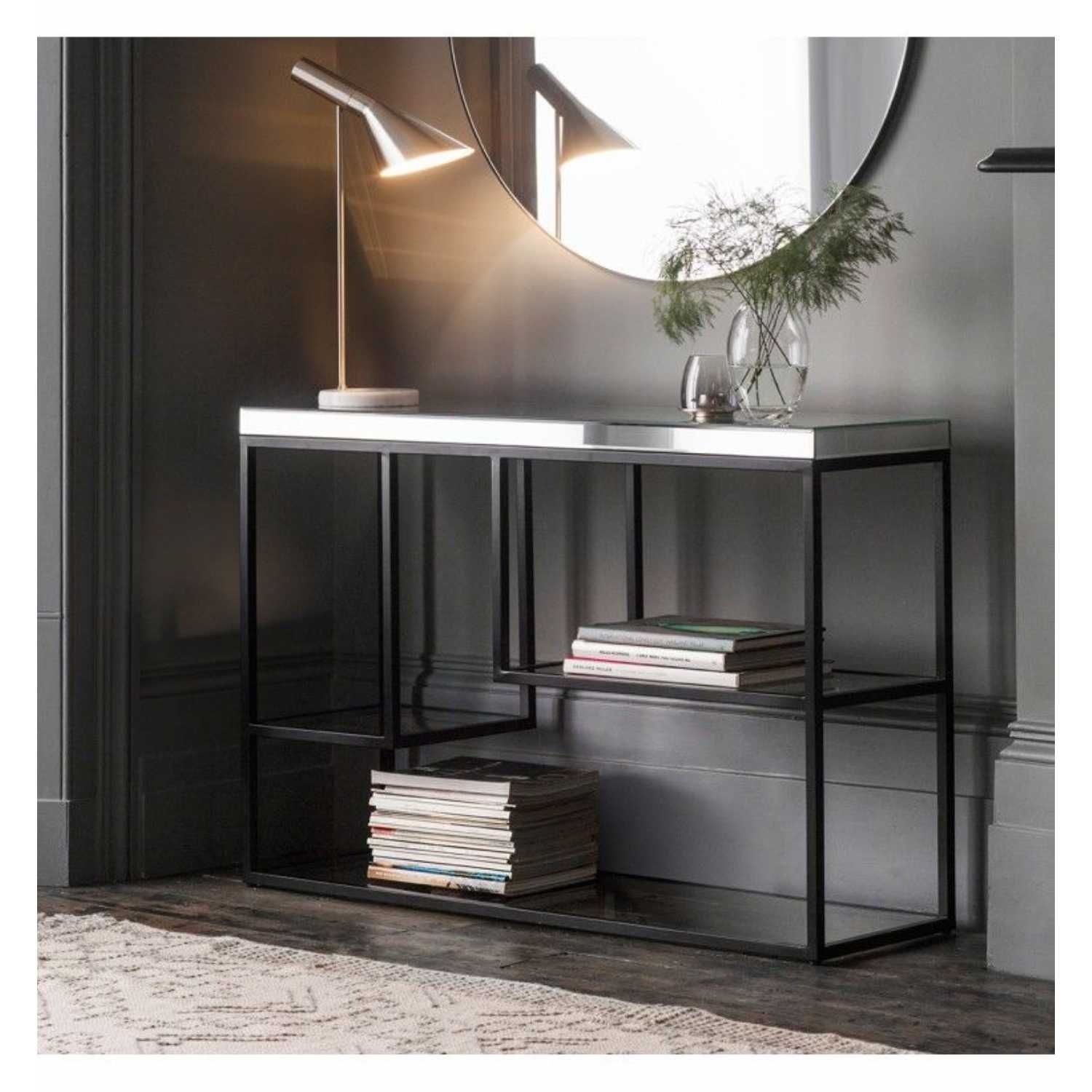 Modern Console Hallway Table Black Metal Frame Bevelled Mirror Top Throughout Light Natural Drum Console Tables (View 12 of 20)