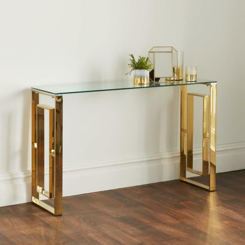 Modern Gold Stainless Steel Metal Clear Glass Top Console Side Hall For Glass Console Tables (View 7 of 20)