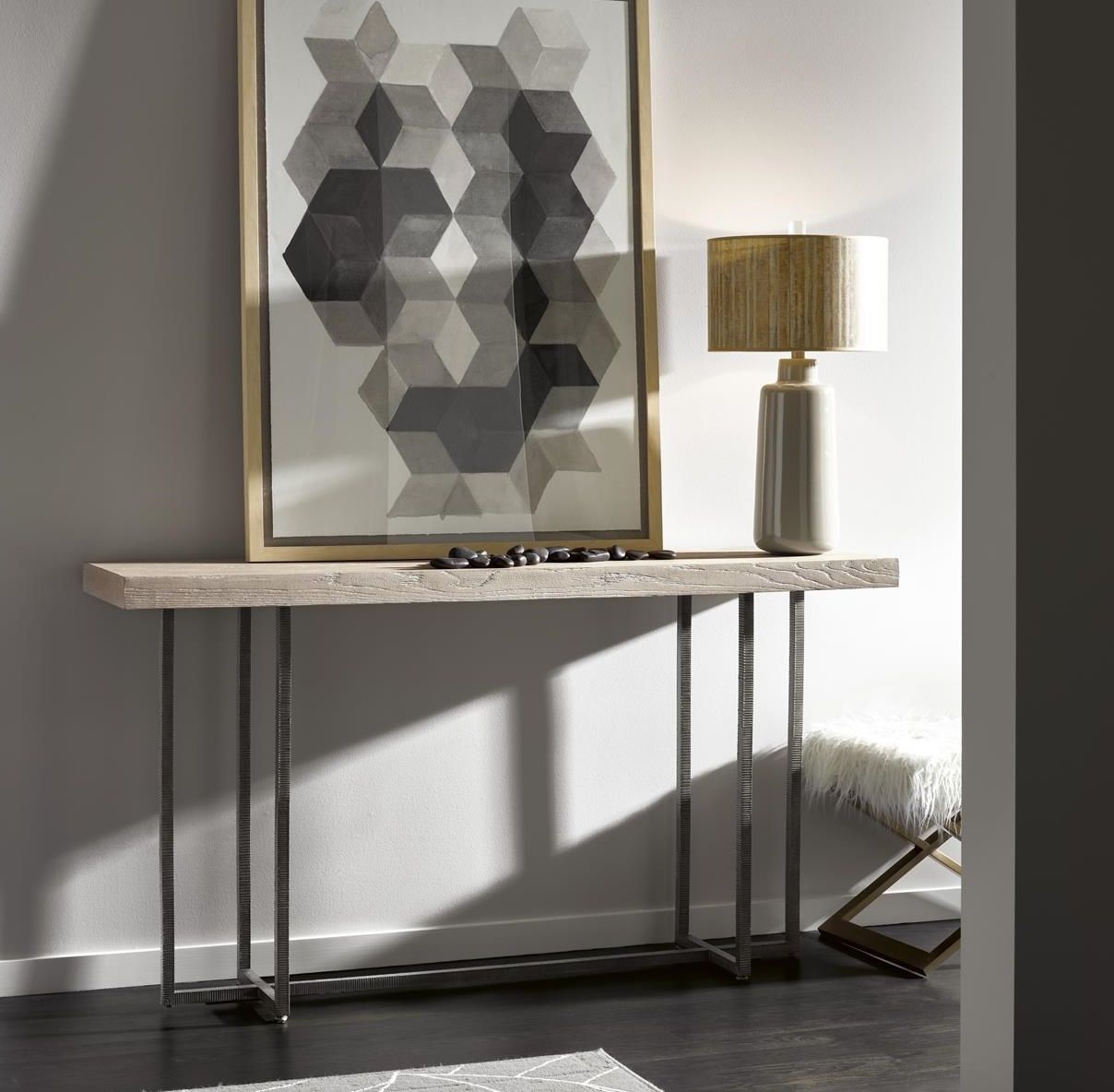 Modern Grey Oak Wood + Bronze Metal Console Table | Metal Console Table For Gray Driftwood And Metal Console Tables (View 13 of 20)