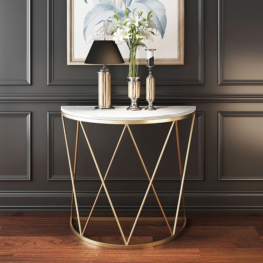 Modern Luxury Faux Marble Narrow Console Table Semicircle Table Gold For Faux White Marble And Metal Console Tables (View 13 of 20)
