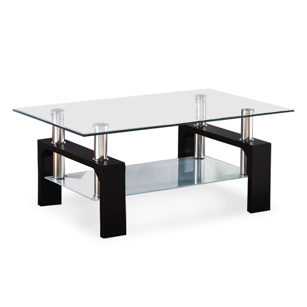 Modern Rectangular Black Glass Coffee Table Chrome Shelf Living Room Pertaining To Chrome And Glass Rectangular Console Tables (View 16 of 20)