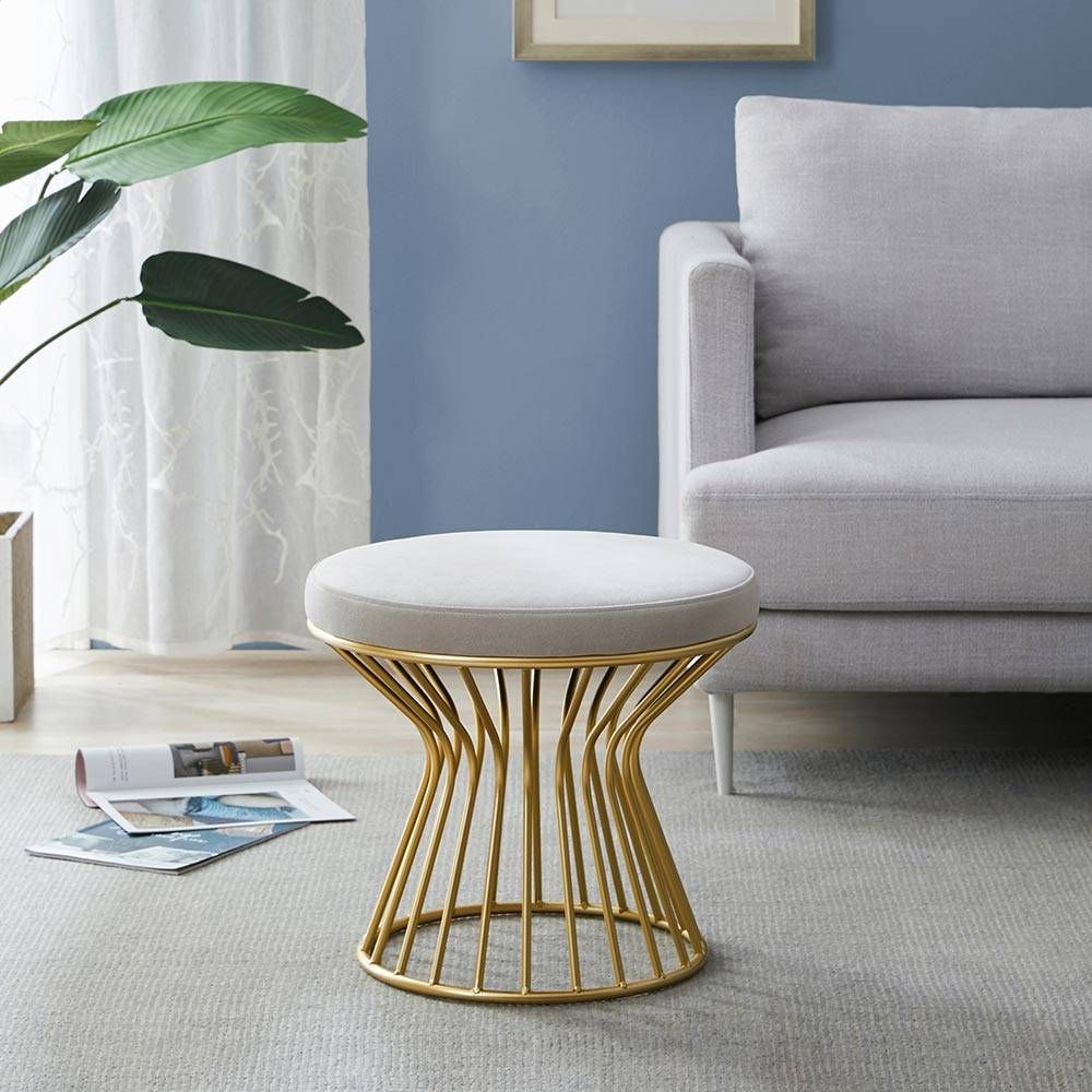 Modern Round Ottoman Stool With Gold Metal Base – Walmart – Walmart With Regard To Gray And White Fabric Ottomans With Wooden Base (View 17 of 17)
