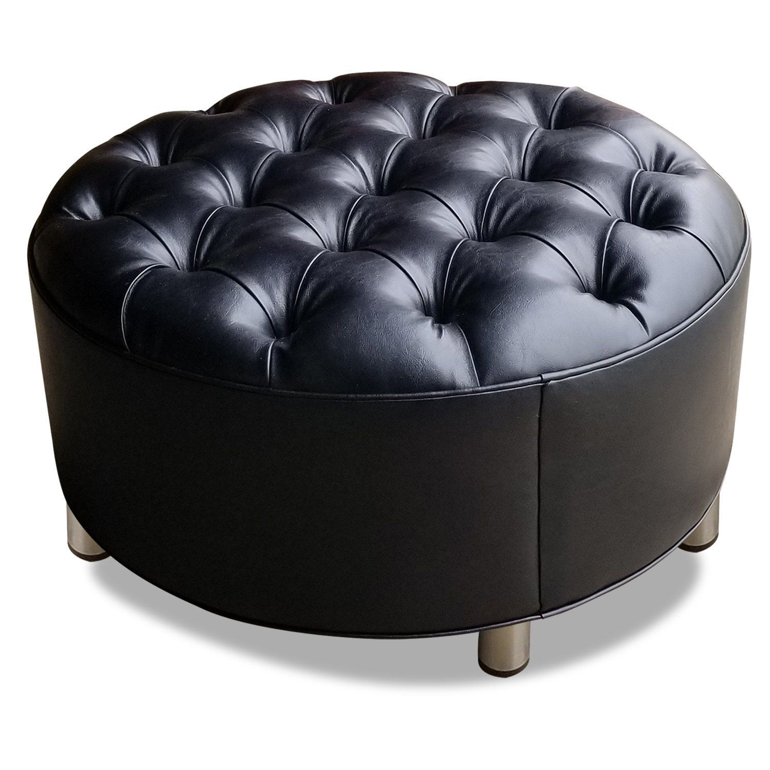 Modern Round Ottoman, Tufted, Black Vegan Leather, Chrome Metal Legs For Silver And White Leather Round Ottomans (View 3 of 20)