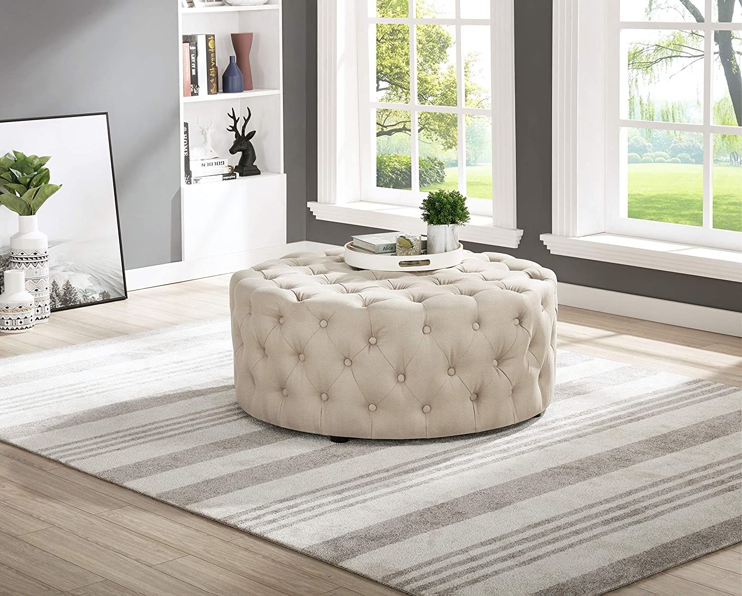 Modern Tufted Fabric Ottoman Beige Linen With Snow Tufted Fabric Ottomans (View 10 of 20)