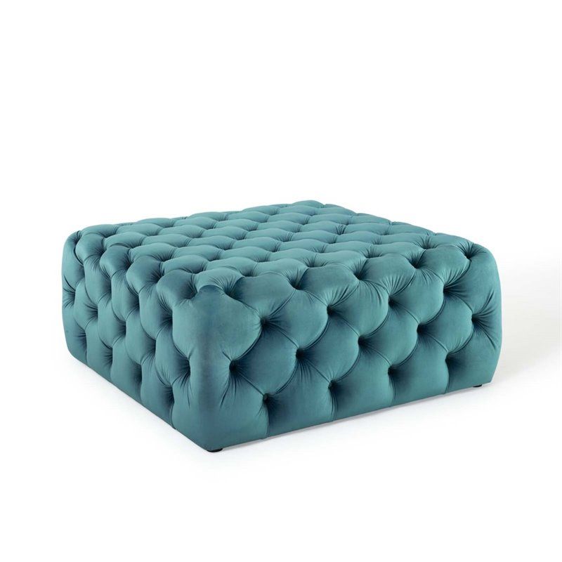 Modway Amour Button Tufted Large Square Velvet Ottoman In Sea Blue With Regard To Blue Fabric Tufted Surfboard Ottomans (View 5 of 20)