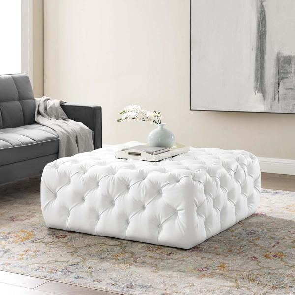 Modway Anthem White Tufted Button Large Square Faux Leather Ottoman Eei Inside White Leather And Bronze Steel Tufted Square Ottomans (View 19 of 20)
