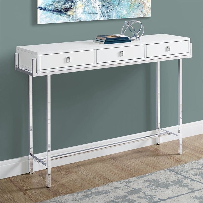 Monarch 3 Drawer Accent Console Table In White And Chrome – I 3297 Pertaining To Black And White Console Tables (View 7 of 20)