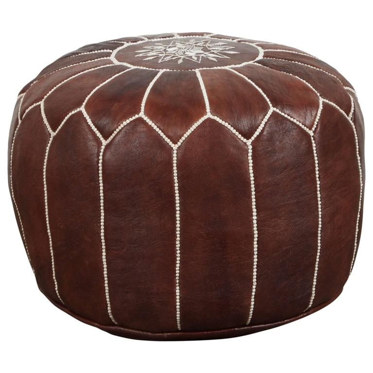 Moroccan Brown Hand Tooled Leather Pouf | Leather Pouf, Brown Leather Throughout Brown Leather Tan Canvas Pouf Ottomans (View 14 of 20)