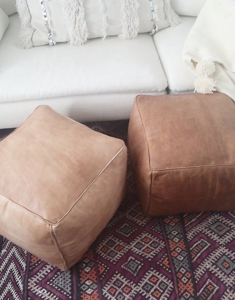 Moroccan Genuine Leather Pouf Brown Square Floor Cushion Square Ottoman With Brown Leather Tan Canvas Pouf Ottomans (View 7 of 20)