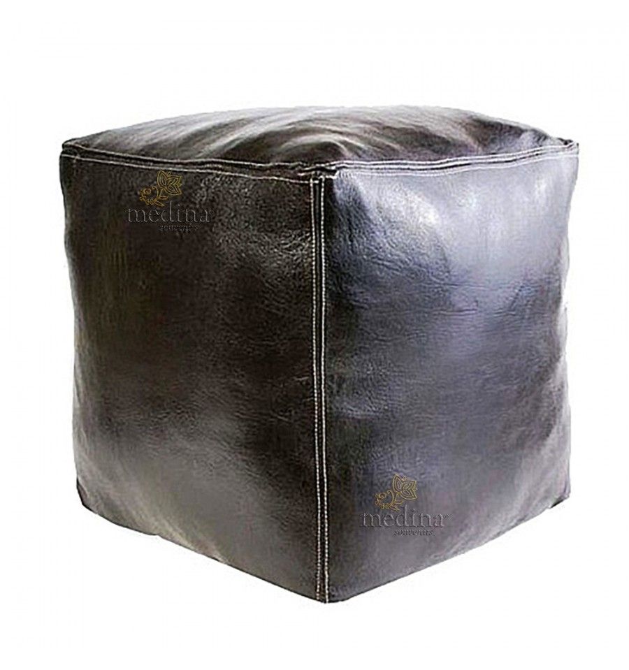 Moroccan Ottoman Cube Black Leather – Handmade Genuine Leather Pouf Throughout Stripe Black And White Square Cube Ottomans (View 4 of 20)